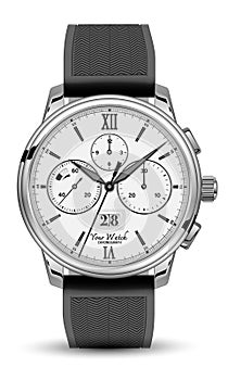 Realistic watch clock chronograph face silver dark grey rubber strap on white design classic luxury vector