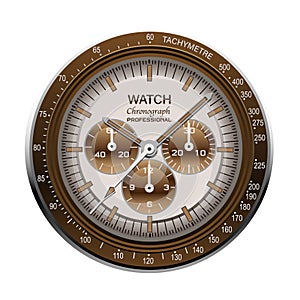 Realistic watch clock chronograph face stainless steel dial brown on white background vector