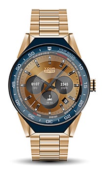 Realistic watch clock chronograph gold blue grey design modern luxury fashion object for men on white background vector