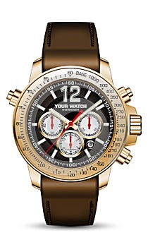 Realistic watch clock chronograph gold steel brown face leather strap red arrow on white design classic luxury fashion for men