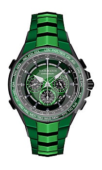 Realistic watch clock chronograph green black steel design fashion for men luxury elegance on white background vector