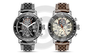 Realistic watch clock chronograph metal leather strap black brown collection on white design classic luxury vector