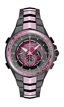 Realistic watch clock chronograph pink black steel design fashion for men luxury elegance on white background vector