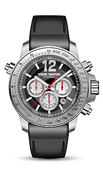 Realistic watch clock chronograph silver black face red arrow with leather strap on white design classic luxury fashion for men