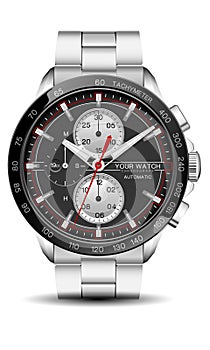 Realistic watch clock chronograph silver black red line white number face for men design luxury on white background vector