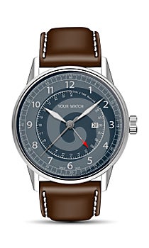 Realistic watch clock chronograph silver dark blue face dark brown leather strap on white design classic luxury vector