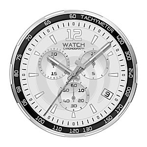 Realistic watch clock chronograph silver face dashboard black on white design classic luxury vector