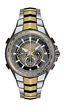 Realistic watch clock chronograph silver gold black steel design fashion for men luxury elegance on white background vector