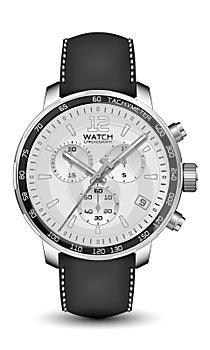 Realistic watch clock chronograph silver leather strap black on white design classic luxury vector