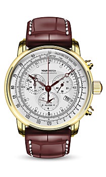 Realistic watch clock chronograph white face gold red brown leather strap on white design classic luxury vector