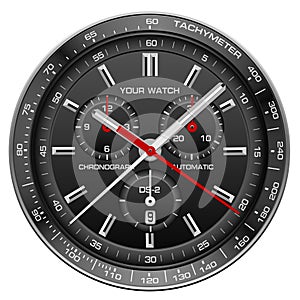 Realistic watch clock dashboard black face silver red arrow white number on isolated design classic luxury fashion for men vector