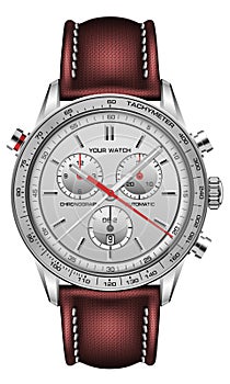 Realistic watch clock silver face red arrow black number with fabric strap on isolated design classic luxury fashion for men