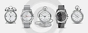 Realistic watches. 3D square and round wall clock, wrist watches, alarm and chronometer with metallic and plastic bezels