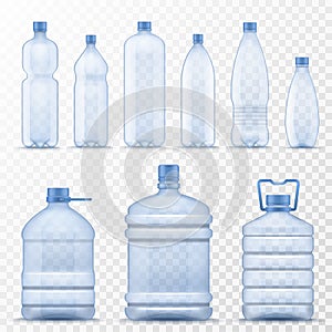 Realistic water bottle. Empty plastic containers for mineral, carbonated and soft beverages, gallon cooler jugs with