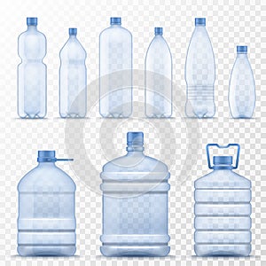 Realistic water bottle. Empty plastic containers for mineral, carbonated and soft beverages, gallon cooler jugs with photo