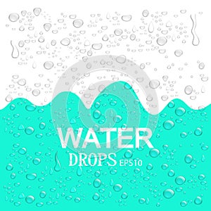 Realistic water drops. Blue abstract background. Vector illustration EPS10.