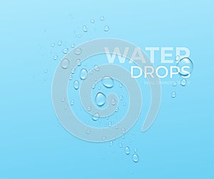 Realistic Water Drops on blue background, real transparent effect. Vector illustration
