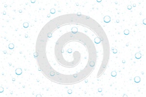 Realistic water drops condensed on white background. Rain droplets on transparent surface. Pure bubbles isolated vector