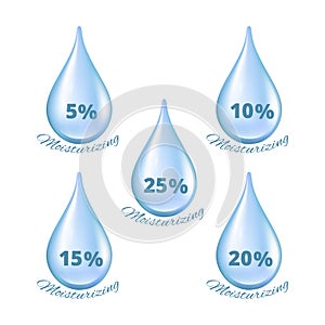 Realistic water drops. Moisturizing effect percentages cosmetics droplets. Isolated liquids vector set