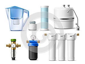 Realistic water filter. Drink cleaners, home water purification systems, spare cartridges, jug, flow and reverse osmosis
