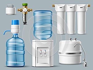 Realistic water filters. 3d home purification systems, cooler with plastic bottle, chrome faucet and spare cartridges