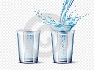 Realistic water glass. 3d transparent standard glasses. Cup with pure soda, pouring jet and splashes, flying drops and