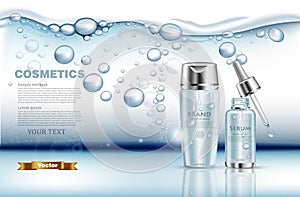Realistic water serum and lotion set Vector. Product packaging mock up. Blue silver bottles. Underwater splash