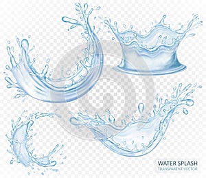 Realistic water splash set isolated on light transparent background. Blue liquid waves. Vector illustration