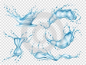 Realistic water splashes. 3d isolated clear splashed water, freshness and purity aqua, flowing and falling blue drops