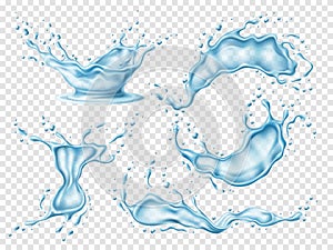 Realistic water splashes. 3d isolated clear splashed water, freshness and purity aqua, flowing and falling blue drops, liquid