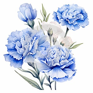 Realistic Watercolor Blue Carnation Flower Clipart On White Background