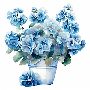 Realistic Watercolor Blue Flower Pot With Begonia Arrangement