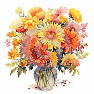 Realistic Watercolor Chrysanthemum Bouquet In Vase - Detailed Illustrations photo