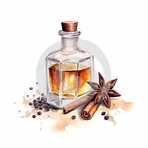 Realistic Watercolor Clipart Of Anise Liqueur With Spices photo