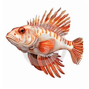 Realistic Watercolor Clipart Of Orange And White Lion Fish photo