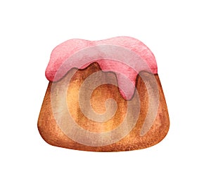 Realistic watercolor cupcake with pink glazing isolated on white background