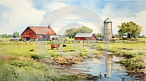 Realistic Watercolor Farm Scene With Detailed Barns And Stream