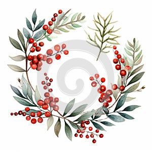 Realistic Watercolor Holiday Wreath Clipart With Berries And Branches