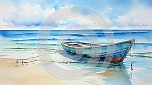 Realistic Watercolor Illustration Of Boat On Beach photo