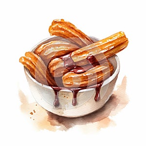 Realistic Watercolor Illustration Of Churros In A Bowl