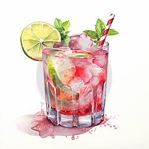 Realistic Watercolor Illustration Of A Colorful Cocktail With Ice And Cranberry