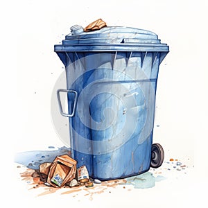 Realistic Watercolor Illustration Of A Dustbin