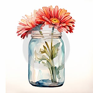 Realistic Watercolor Illustration Of Gerberas In A Glass Jar