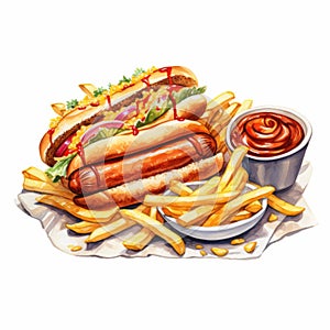 Realistic Watercolor Illustration Of Hot Dog And French Fries