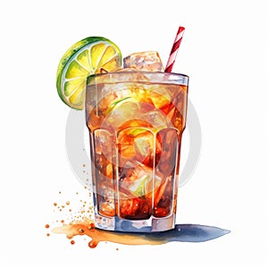 Realistic Watercolor Illustration Of Iced Tea With Lime Leaves