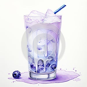 Realistic Watercolor Illustration Of A Milky Blueberry Cocktail