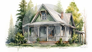 Realistic Watercolor And Illustration Of An Old House In The Forest