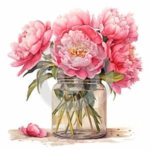 Realistic Watercolor Illustration Of Pink Peonies In A Vase