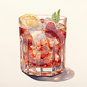 Realistic Watercolor Illustration Of A Red Cocktail With Raspberries And Lemons