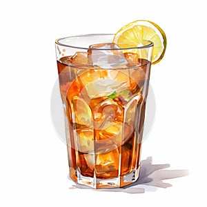 Realistic Watercolor Illustration Of Refreshing Iced Tea With Lemon